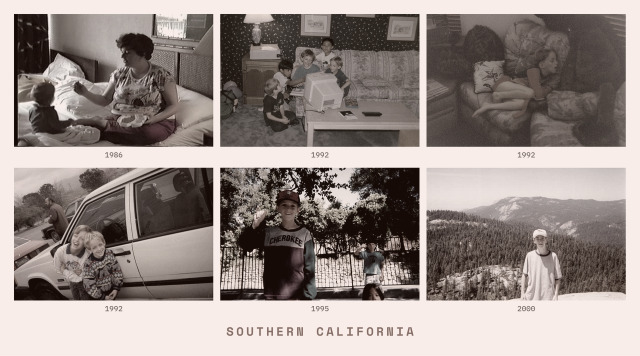 Six scenes from Southern California, 1986 to 2000 &mdash; a mother holding her newborn, children gathered around a CRT television, a sleeping child, a family station wagon in the desert, a scout uniform, a hike at elevation.