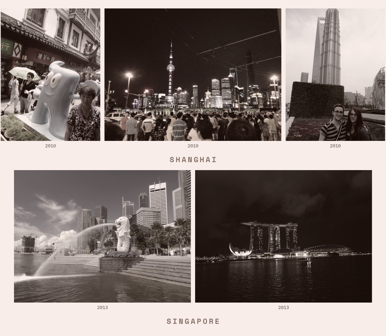 Five scenes from Shanghai and Singapore, 2010 to 2013 &mdash; the Haibao World Expo mascot, the Pudong skyline, the Jin Mao Tower at ground level, the Merlion fountain, Marina Bay Sands at night.